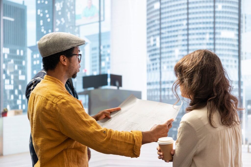 Business professionals and broker evaluating a property for corporate relocation